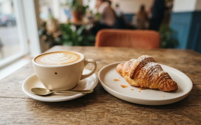 Close-up of a latte with visible latte art placed next to a pastry on a wooden table in a bright cafe setting