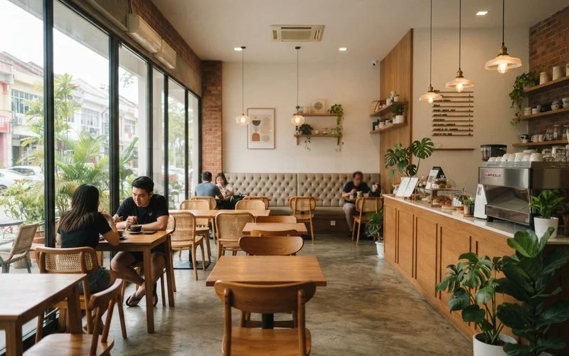 A bright, plant-filled cafe interior in Puchong with wooden tables, laptop users near the window, and a barista preparing coffee at the counter