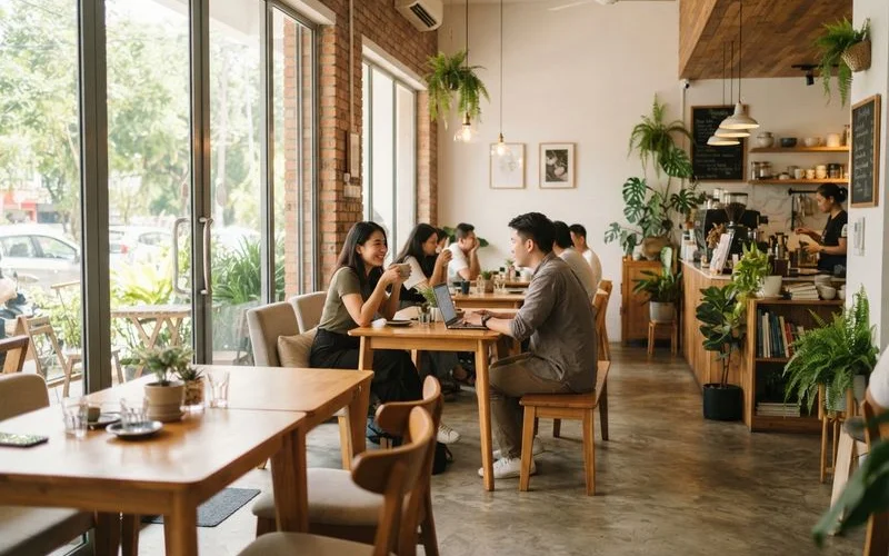 A busy Puchong cafe interior showing a barista preparing coffee behind a counter while customers sit at tables working and chatting